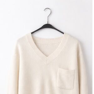 Dreamers Cream V-Neck Knit Sweater Pocket Soft Cozy Size M